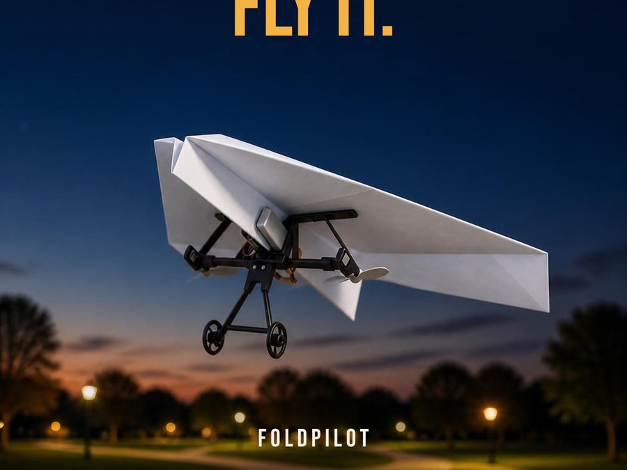 FoldPilot RC paper airplane flying at dusk