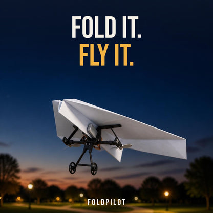 FoldPilot RC paper airplane flying at dusk