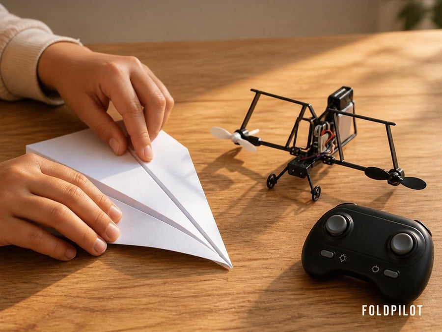 Folding a paper airplane next to the FoldPilot power module and remote