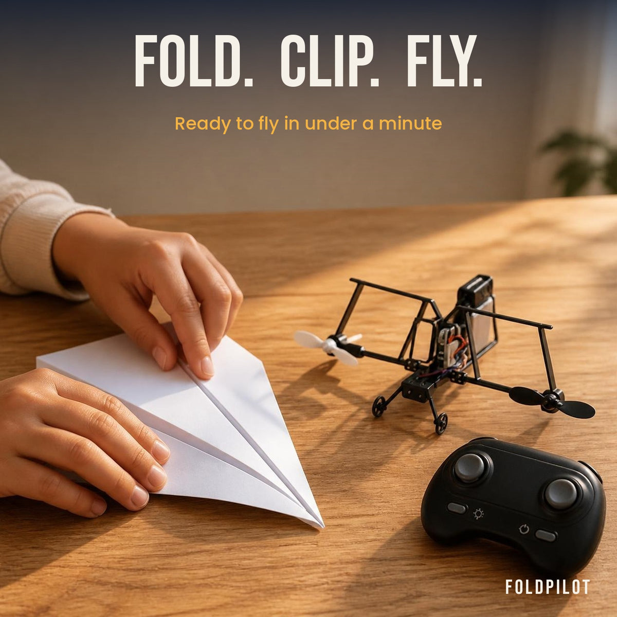 Folding a paper airplane next to the FoldPilot power module and remote