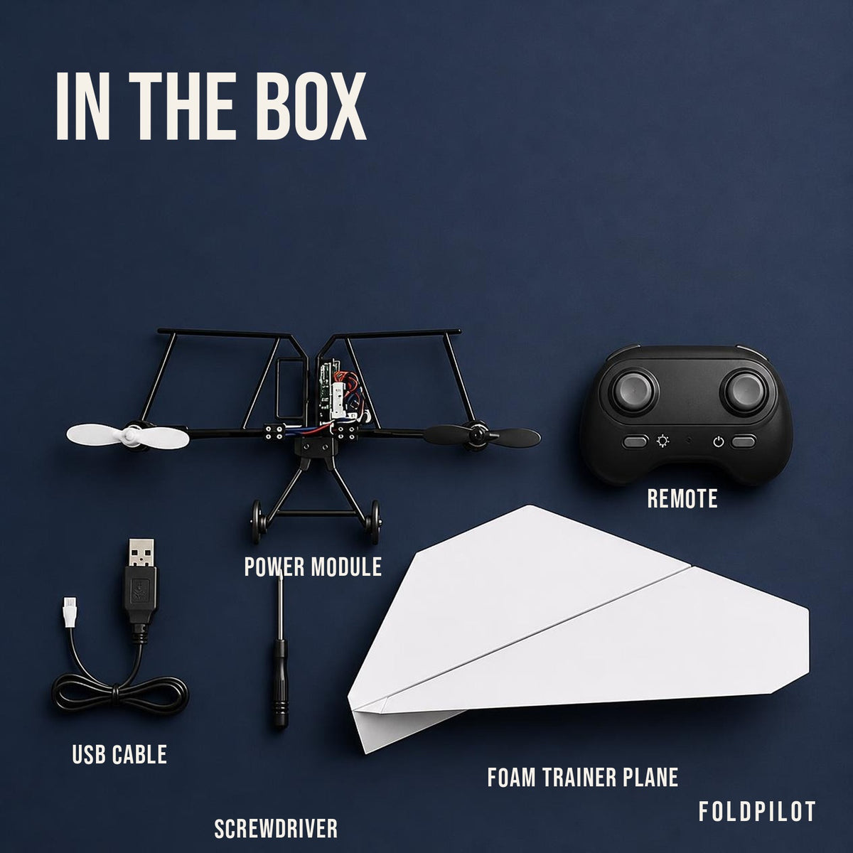 What's in the FoldPilot box: power module, remote, USB cable, screwdriver, foam trainer plane