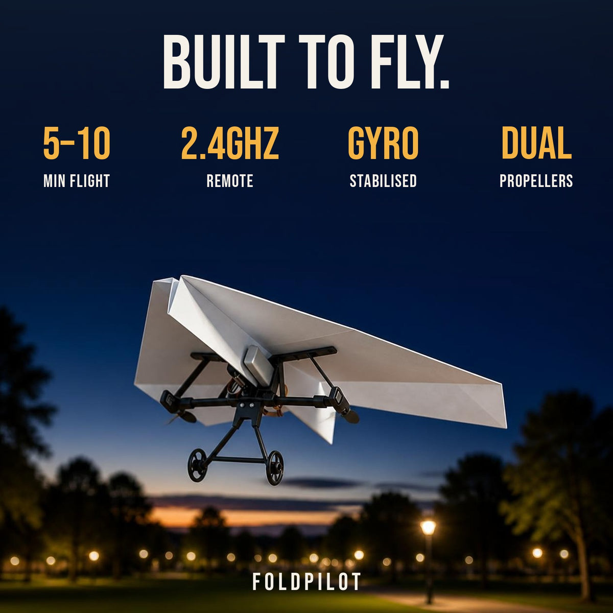 FoldPilot specs: 5-10 minute flight, 2.4GHz remote, gyro stabilised, dual propellers