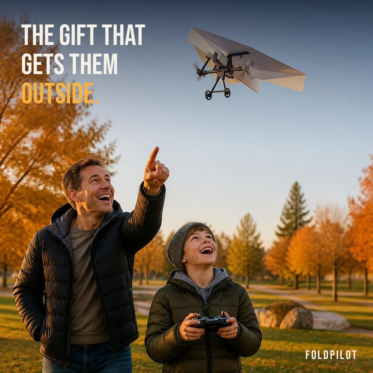 Dad and son flying FoldPilot in an autumn park