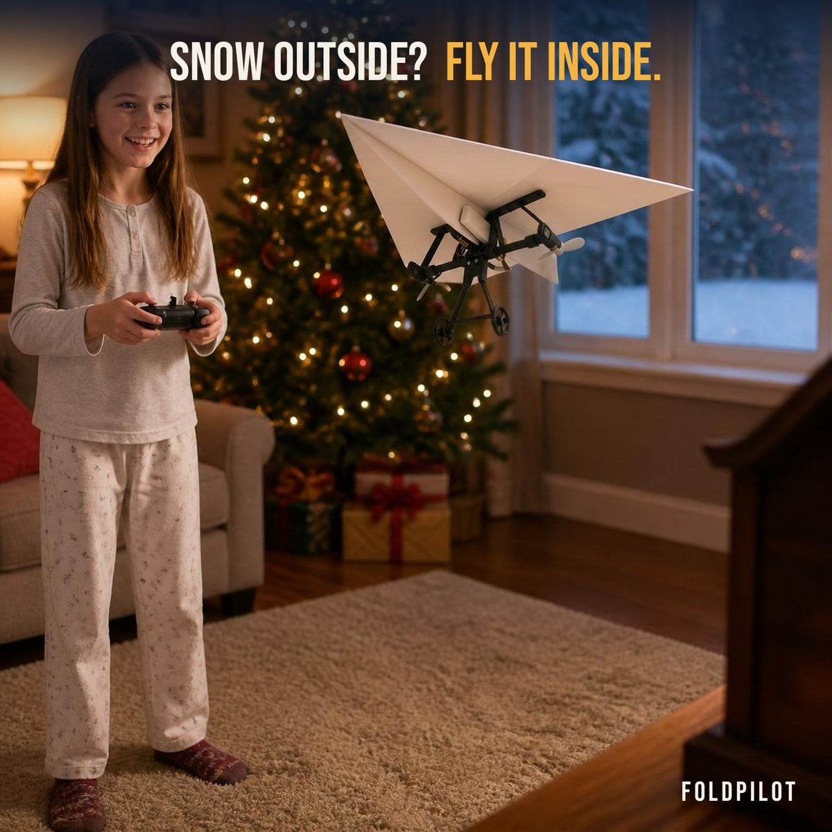 Girl flying FoldPilot indoors beside a Christmas tree