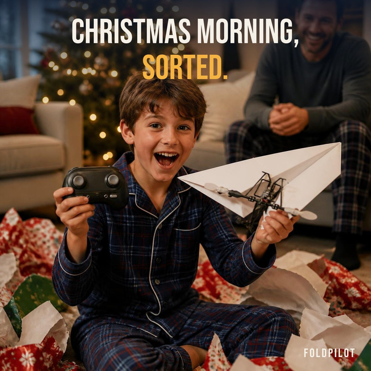 Boy opening a FoldPilot RC paper airplane on Christmas morning
