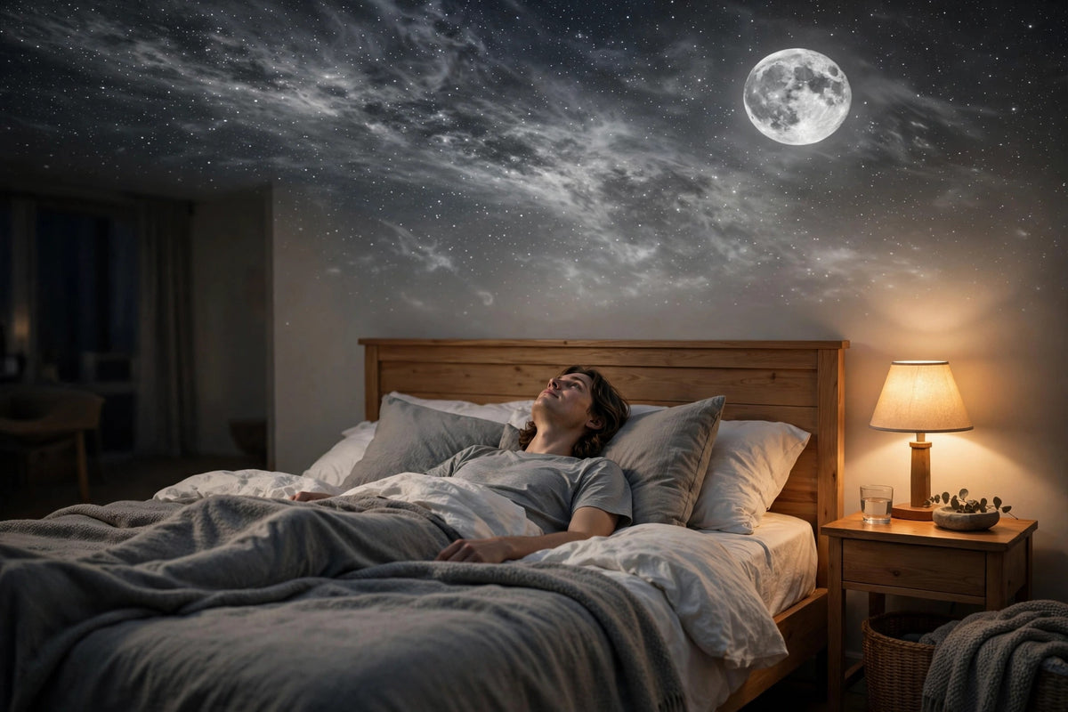 Person relaxing in bed under StarDrift black-and-white full moon projection